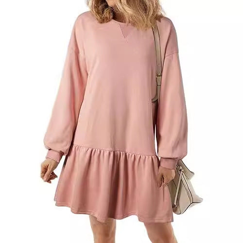 Damen lässiges Sweatkleid mit voluminösen Ärmeln und Rüschensaum EB
