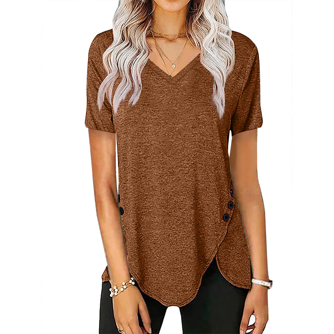 Damen lässiges V-Ausschnitt T-Shirt mit asymmetrischem Saum und dekorativen Knopfdetails EB
