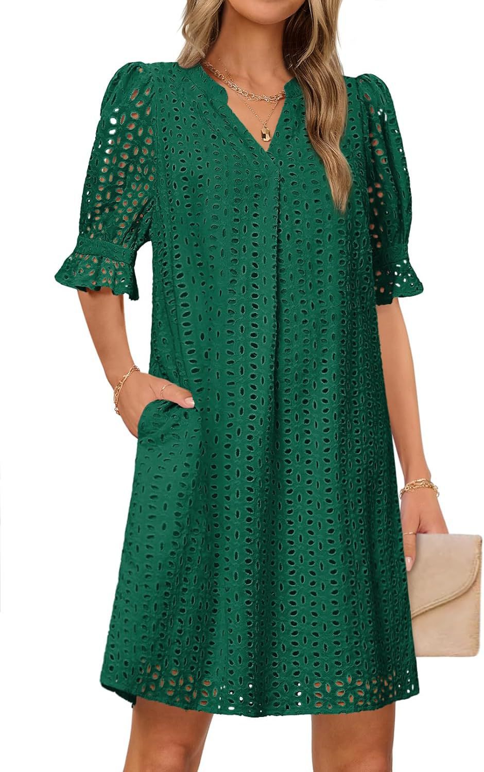 Damen luftiges Blumenkleid mit eleganten Lochdetails EB