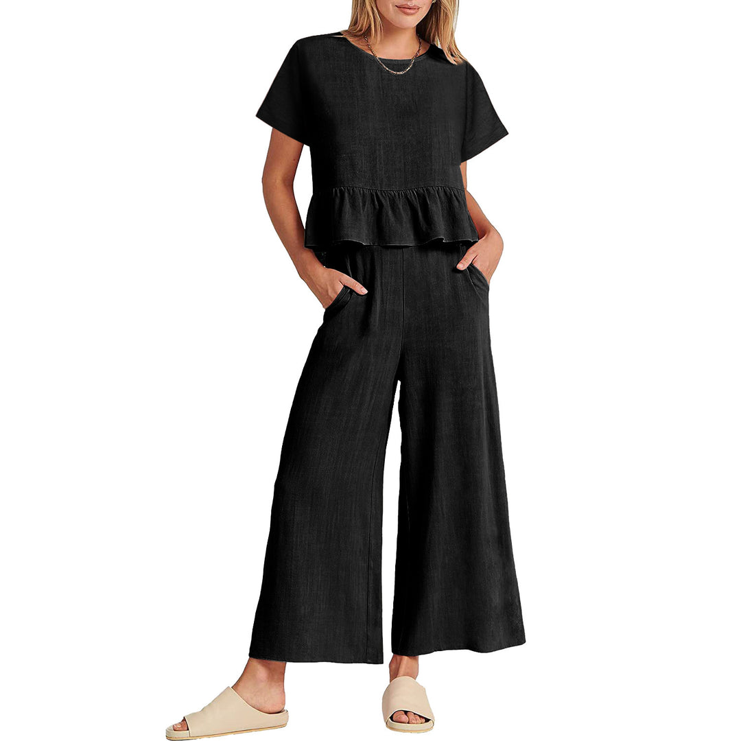 Damen Zweiteiliges Outfit mit fließendem Oberteil und weitem Hosen-Design EB