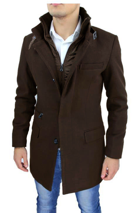 Herren modischer Wollmantel mit hohem Kragen und praktischen Details EB
