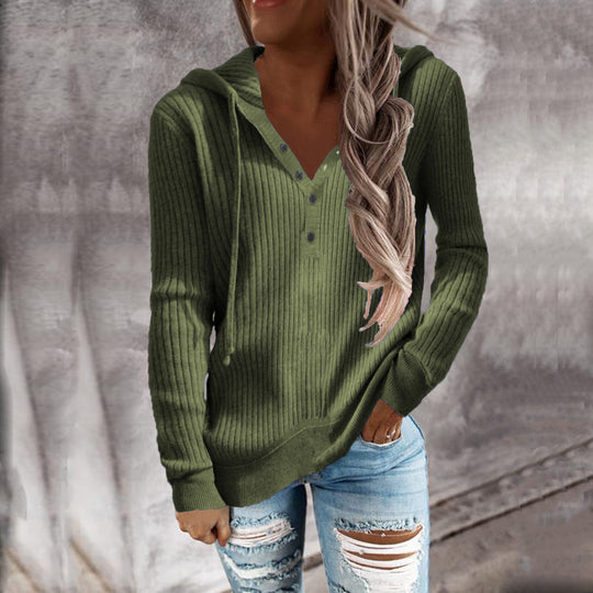 Damen Kapuzenpullover im modischen Rippdesign mit Knopfleiste EB