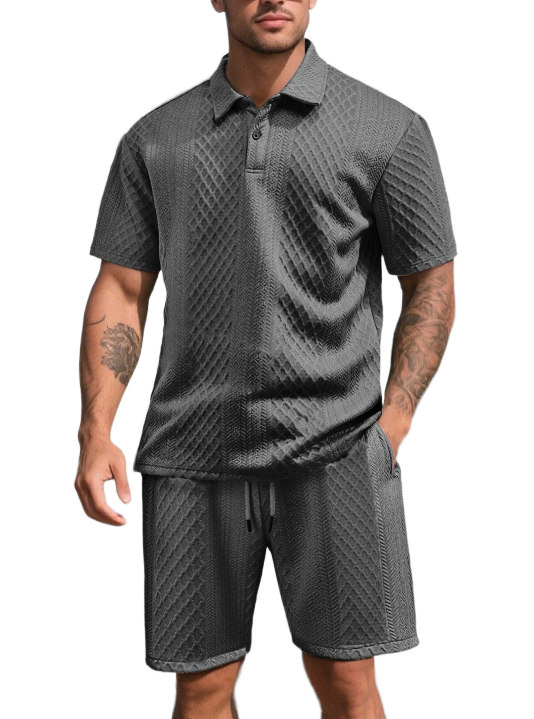 Herren nan dreidimensionales Relief-Freizeit-Set mit Polokragen, verdeckter Knopfleiste und elastischer Tunnelzugshorts EB