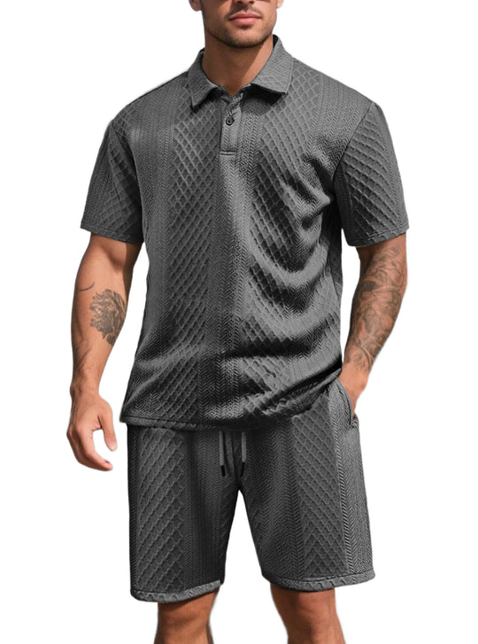 Herren nan dreidimensionales Relief-Freizeit-Set mit Polokragen, verdeckter Knopfleiste und elastischer Tunnelzugshorts EB
