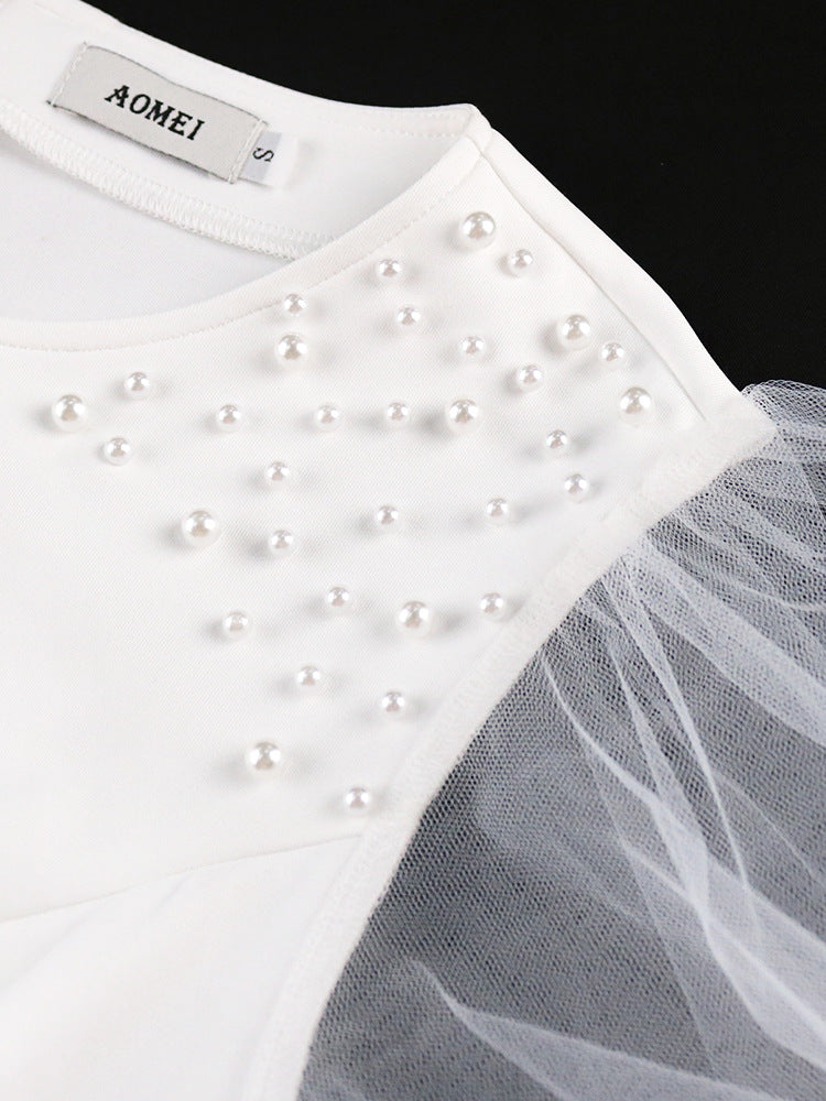 Damen Elegantes Maxikleid mit voluminösen Tüllärmeln und Rüschensaum EB