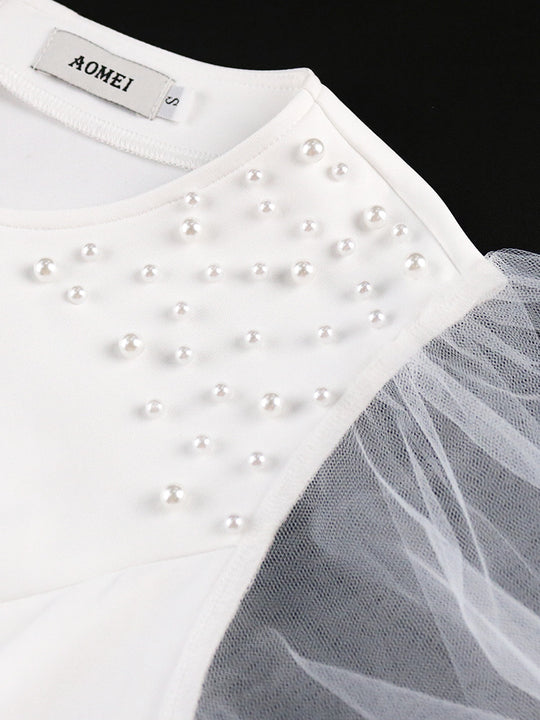 Damen Elegantes Maxikleid mit voluminösen Tüllärmeln und Rüschensaum EB