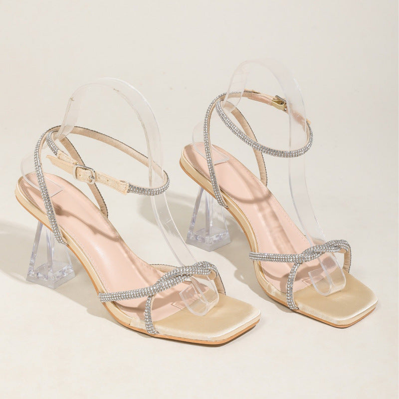 Damen modische Freizeit-Sandalen mit transparentem Blockabsatz und funkelnden Zierleisten EB