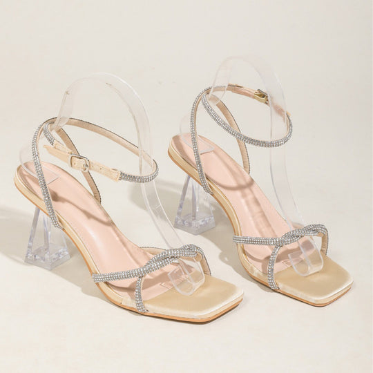 Damen modische Freizeit-Sandalen mit transparentem Blockabsatz und funkelnden Zierleisten EB