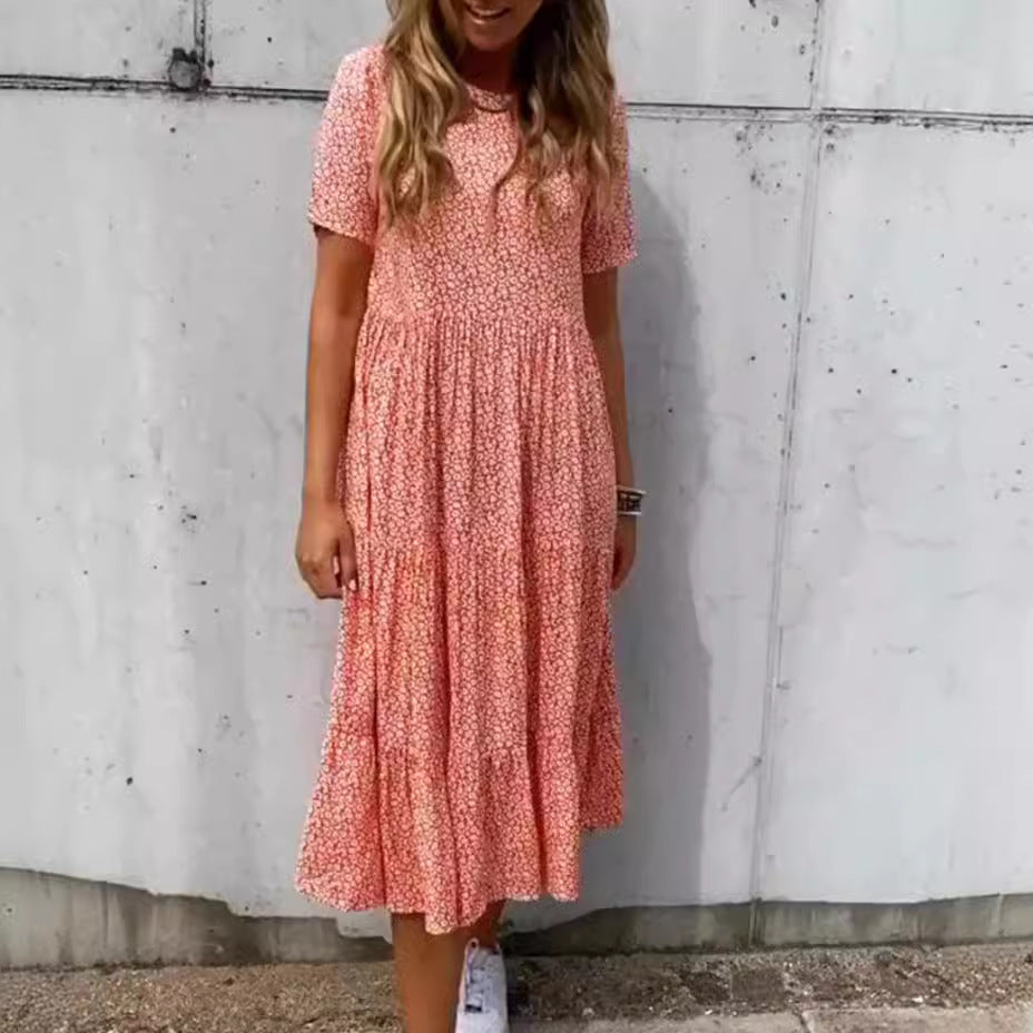 Damen nan geblümtes gekrepptes Midikleid mit geraffter Empire-Taille, kurzen Ärmeln und stufigem Volantrock EB