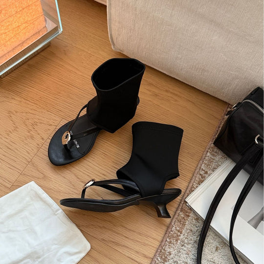 Damen Modische Knöchel-Sandalen mit elastischem Obermaterial und dekorativer Metallschnalle EB
