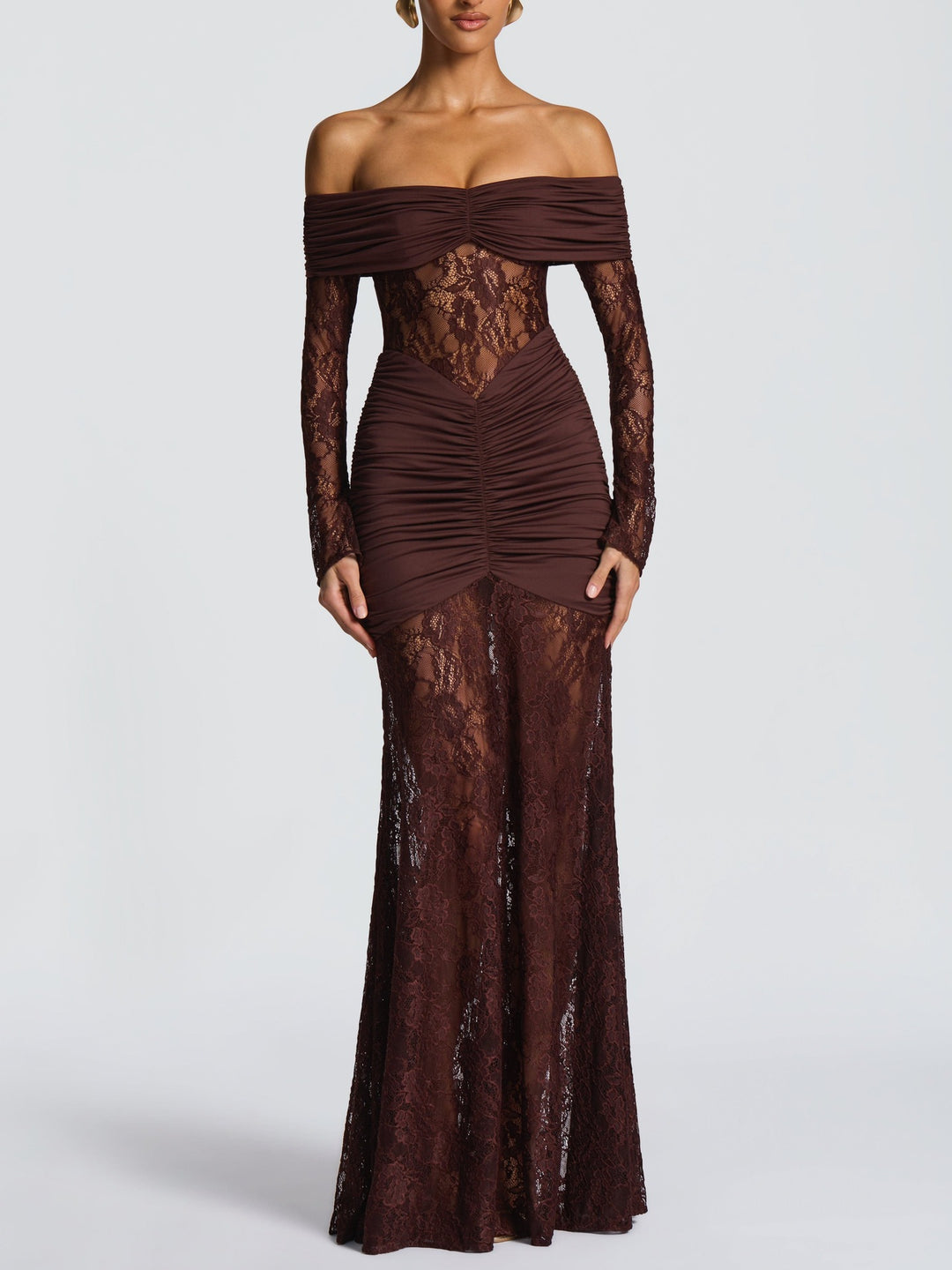 Damen Elegantes Spitzen-Maxikleid mit elegantem Off-Shoulder Design und Raffungen EB