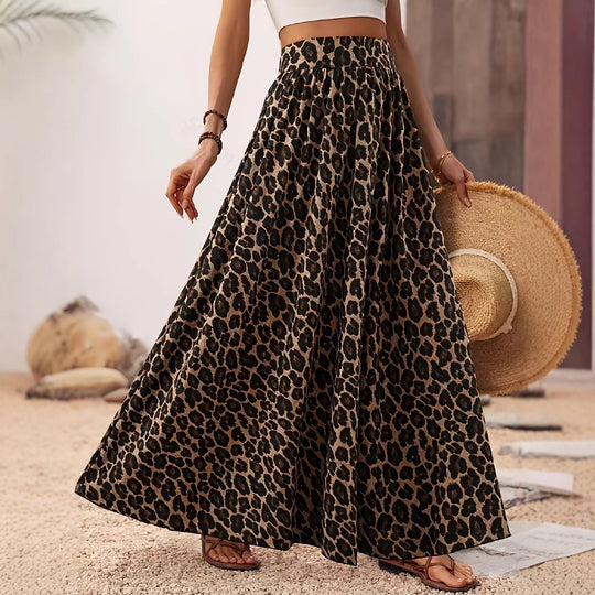 Damen Maxi-Rock mit elastischem Bund und Leopardenmuster EB