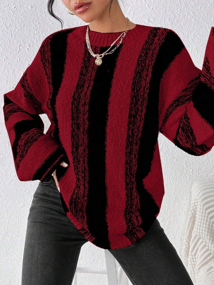 Damen Grober Strickpullover mit auffälligem Streifenmuster und lockerer Passform EB
