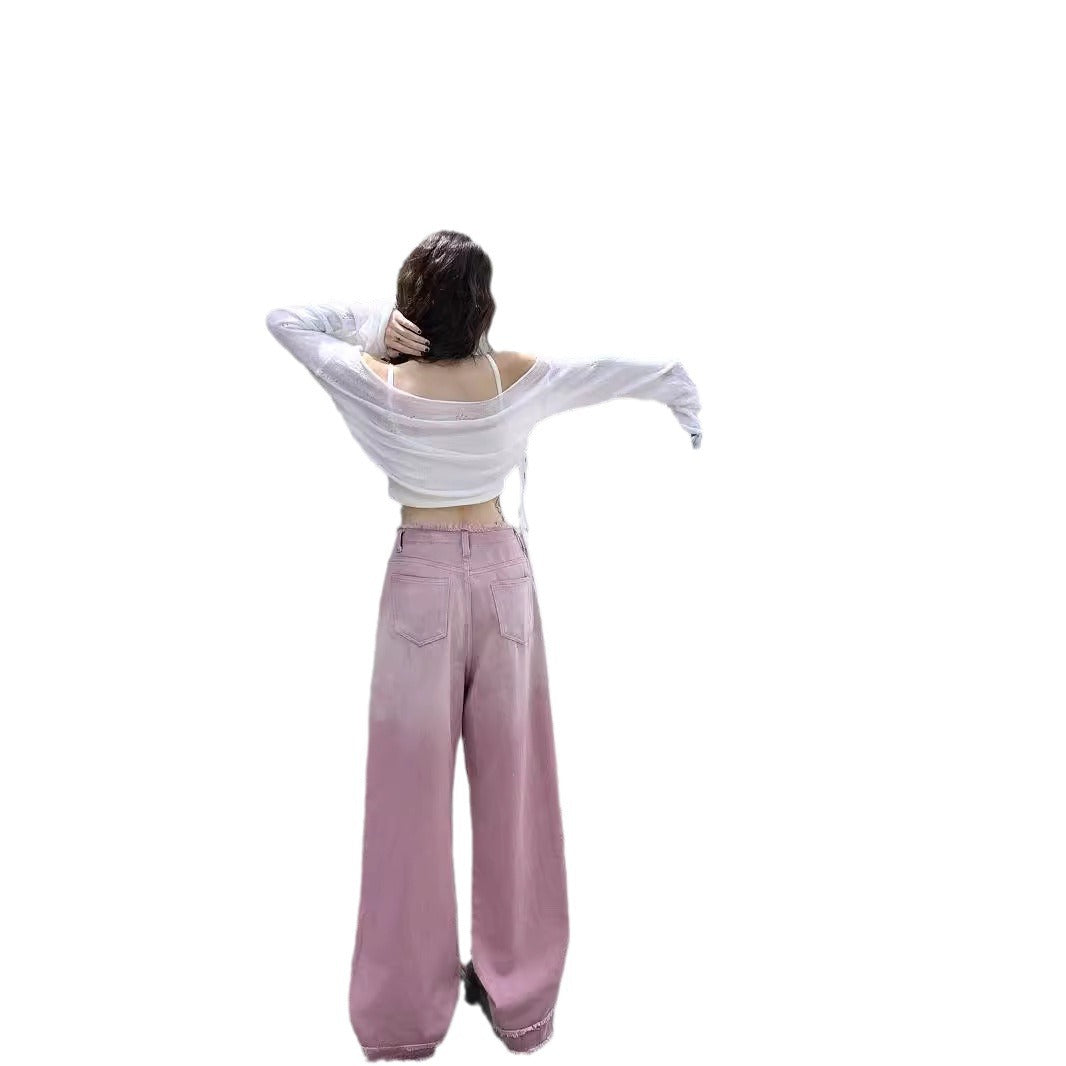 Damen lockere High-Waist Jeans mit fransigem Saum und modischen Schriftzügen EB