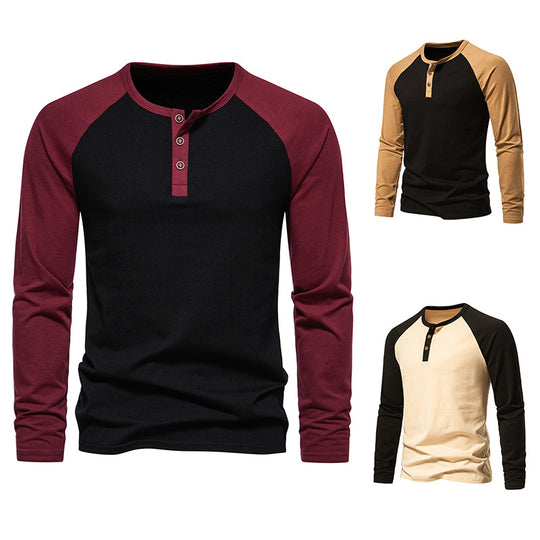 Herren Langarm-Henley-Shirt mit kontrastierenden Ärmel und modischem Knopfdesign EB