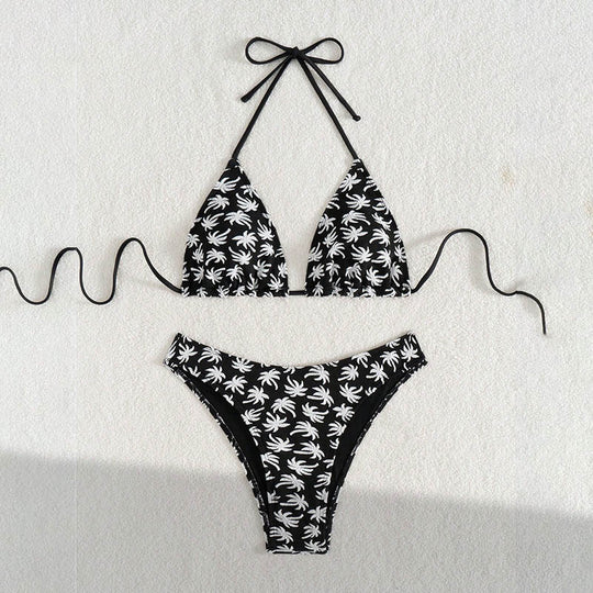 Damen Triangel-Bikini mit fröhlichem Palmenmuster und hohem Beinausschnitt EB
