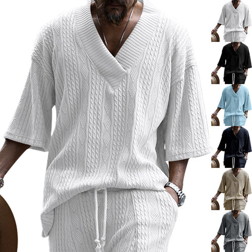 Damen nan Kurzarm-Strickpullover im weiten Schnitt mit tiefem V-Kragen und Zopfmuster EB