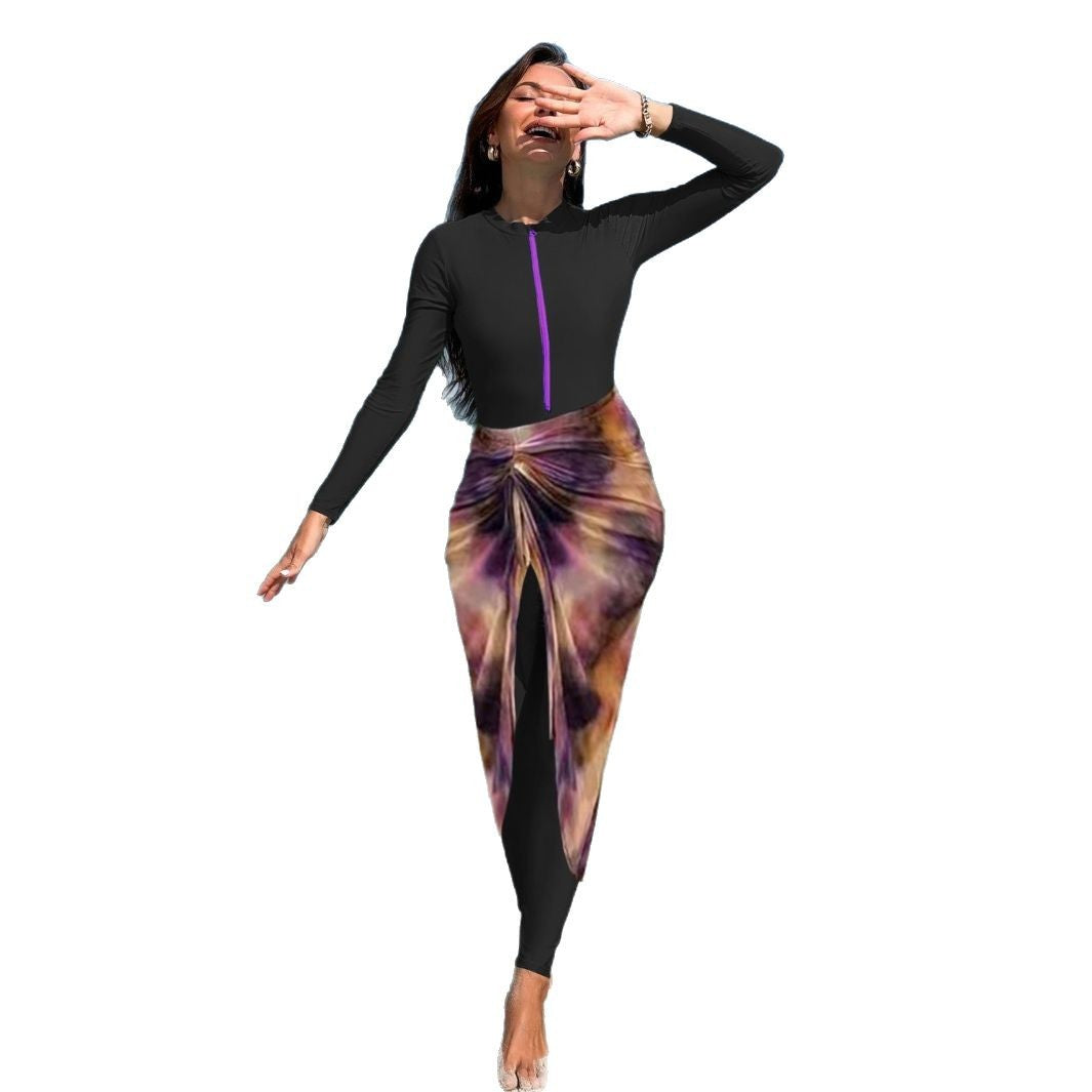 Damen modischer Langarm-Badeanzug mit elegantem Wickelrock EB