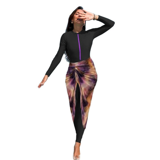 Damen modischer Langarm-Badeanzug mit elegantem Wickelrock EB