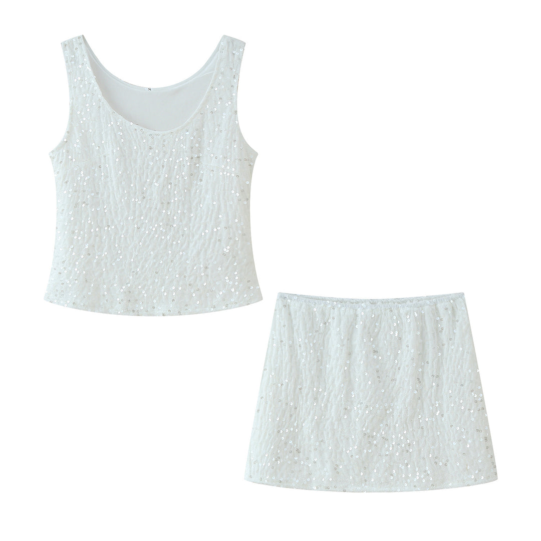Damen Set aus funkelndem Spaghettiträger Top und schwingendem Rock mit elastischem Bund EB