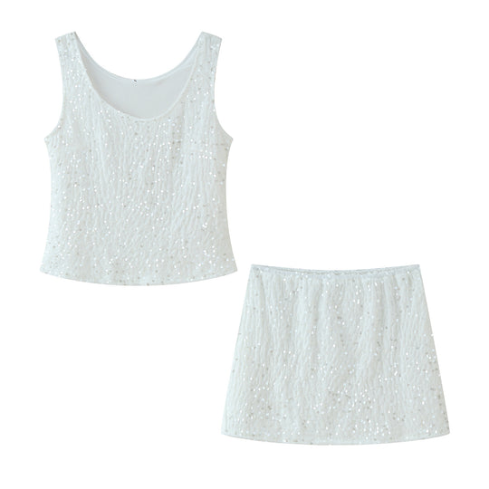 Damen Set aus funkelndem Spaghettiträger Top und schwingendem Rock mit elastischem Bund EB
