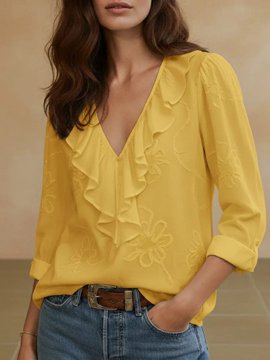 Damen elegante Bluse mit Volant und floralem Stickmuster EB