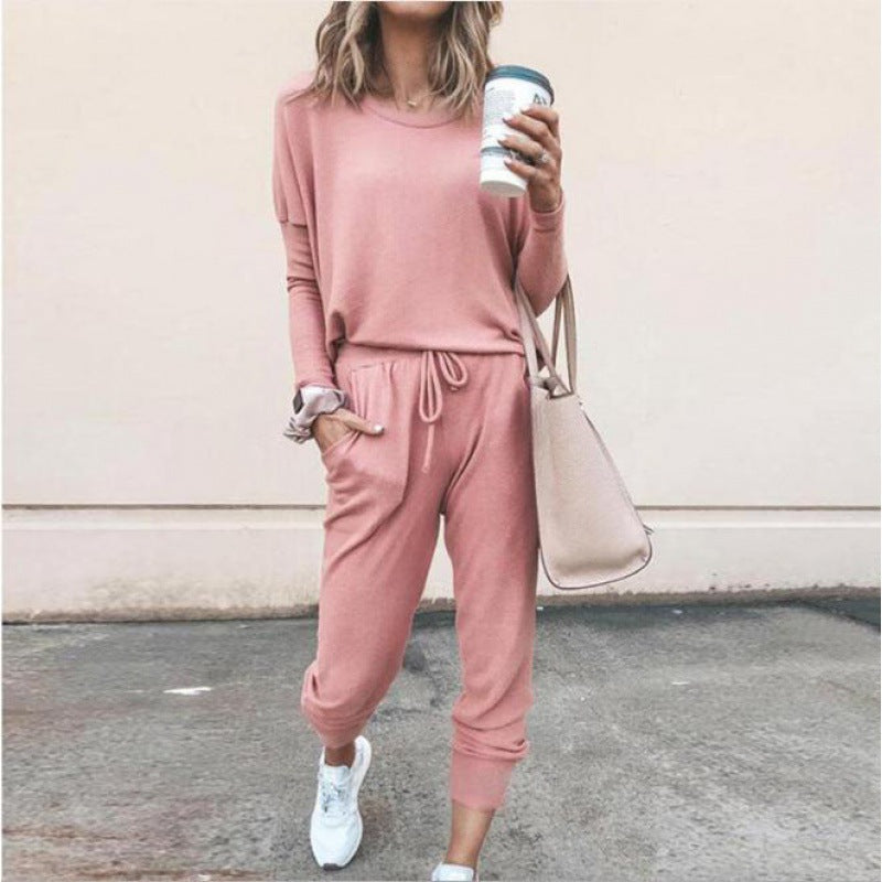 Damen Lässiges Lounge-Set mit Rundhalsausschnitt, Kordelzug-Hose und Bündchen EB