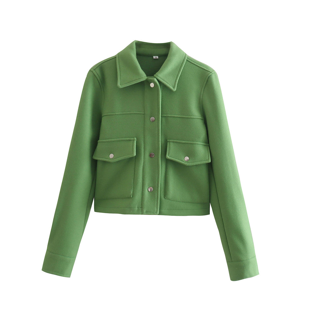 Damen Kurz geschnittene Wolloptik-Jacke mit Pattentaschen und Druckknöpfen EB