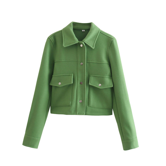 Damen Kurz geschnittene Wolloptik-Jacke mit Pattentaschen und Druckknöpfen EB