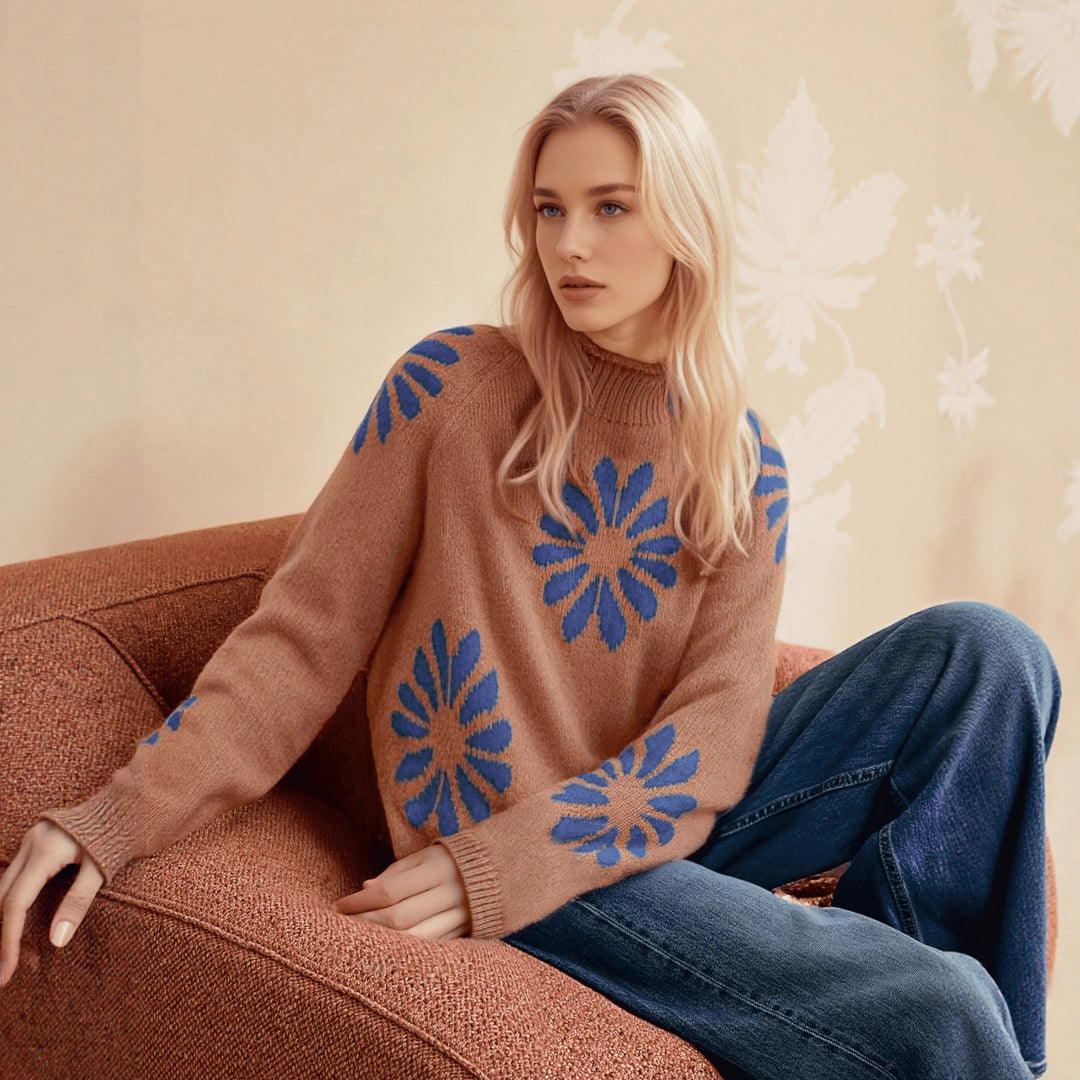 Damen farbenfroher Strickpullover mit floralem Muster EB