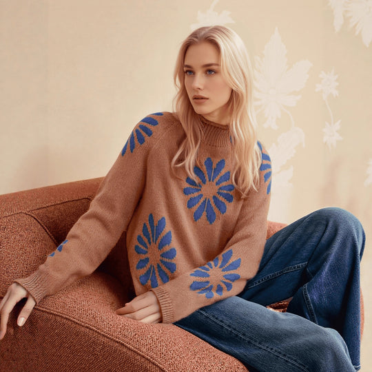 Damen farbenfroher Strickpullover mit floralem Muster EB
