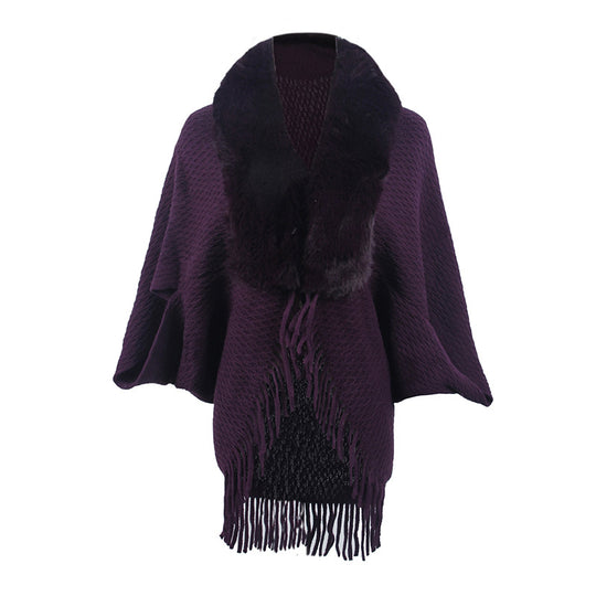 Damen modischer Poncho mit luxuriösem Kunstfellkragen EB