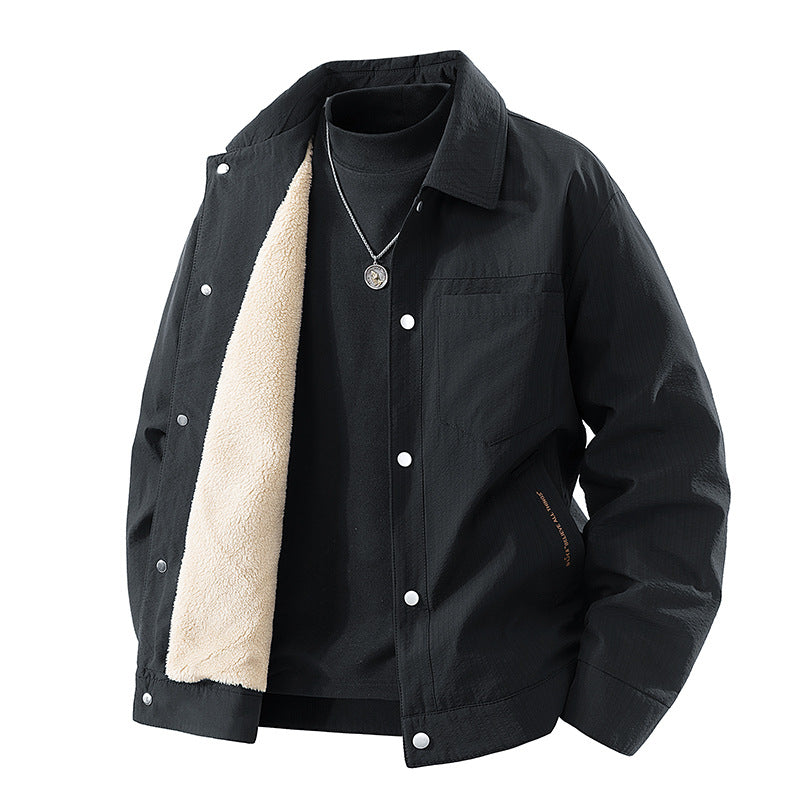 Men's  sherpa-lined relaxed coach jacket with snap-front closure and chest pocket EB