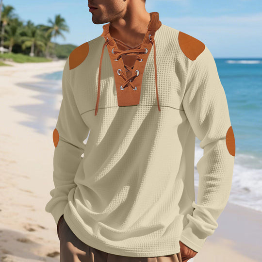 Herren lässiges Langarm-Henley-Shirt mit ausgefallenem Schnürdesign und kontrastrierenden Ellenbogen-Patches EB