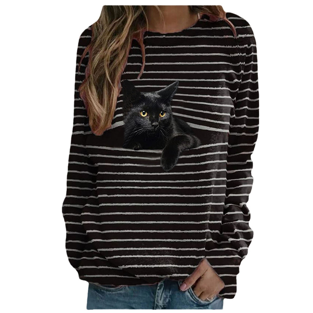 Damen nan lässiger Streifenpullover mit fotorealistischer Katzentasche und Rundhalsausschnitt EB