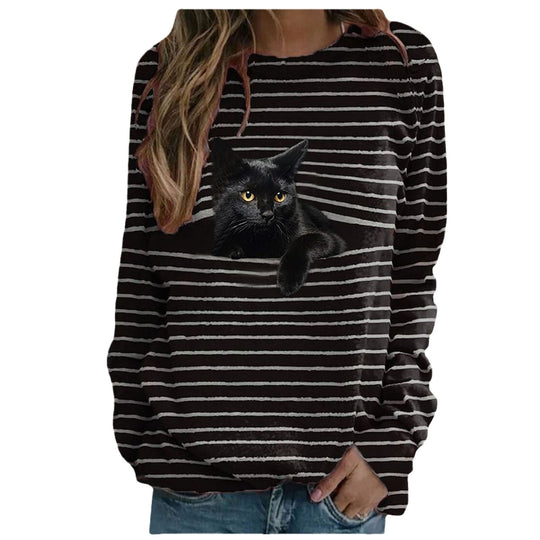 Damen nan lässiger Streifenpullover mit fotorealistischer Katzentasche und Rundhalsausschnitt EB