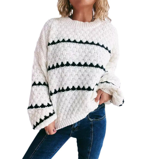 Damen Grobstrickpullover mit kontrastierenden Streifen EB