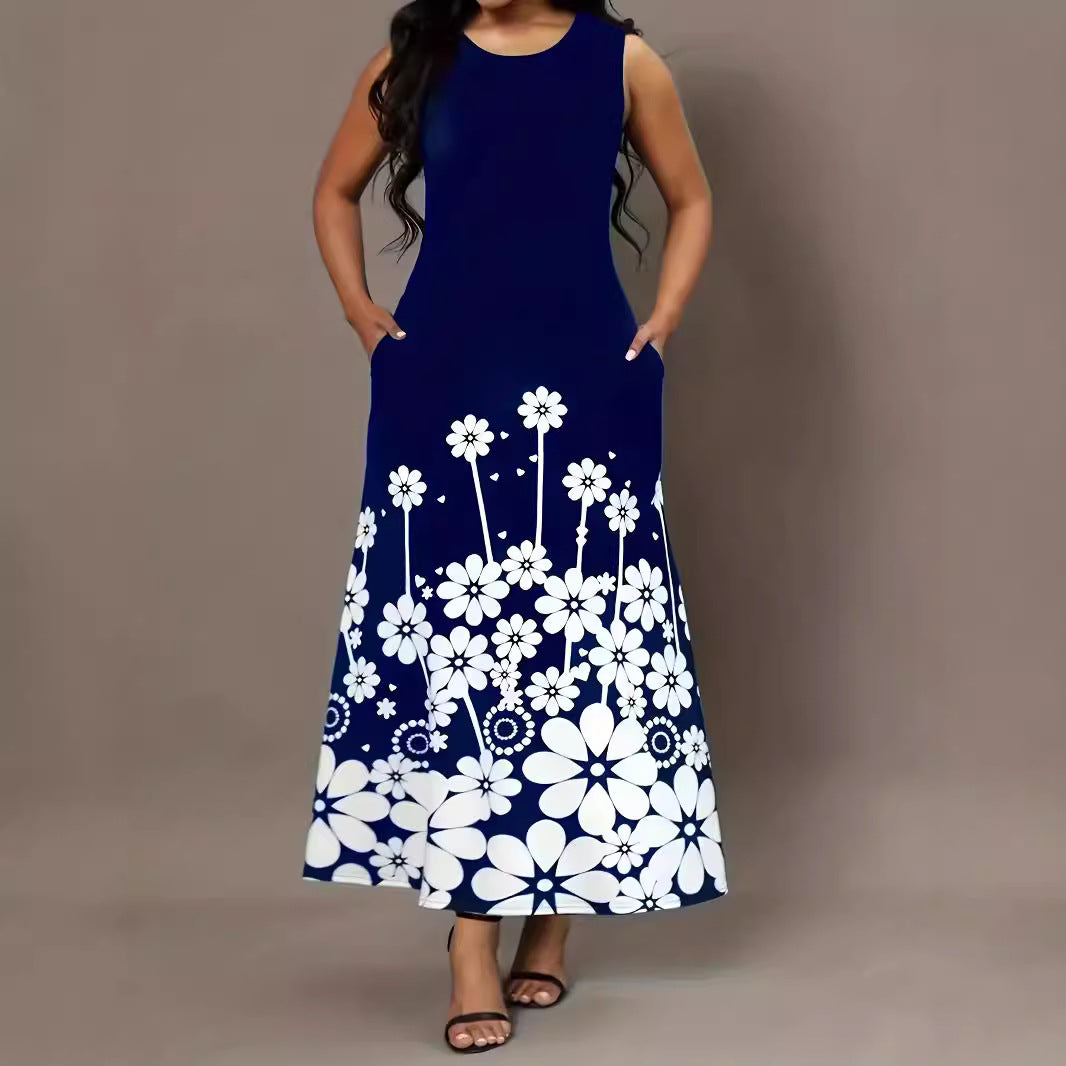 Damen Maxikleid mit floralen Akzenten und seitlichen Eingrifftaschen EB
