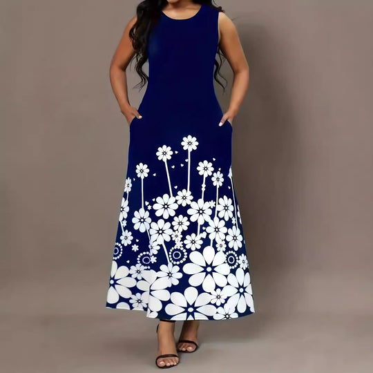 Damen Maxikleid mit floralen Akzenten und seitlichen Eingrifftaschen EB