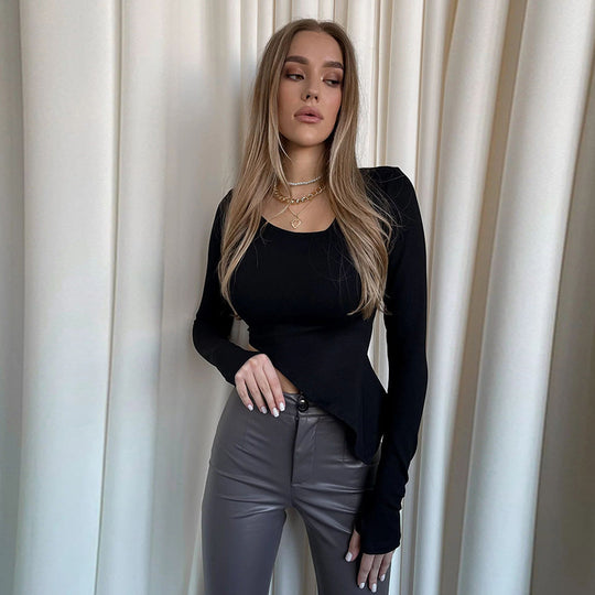 Damen Asymmetrisches tailliertes Cut-Out-Crop-Top mit langen Ärmeln EB