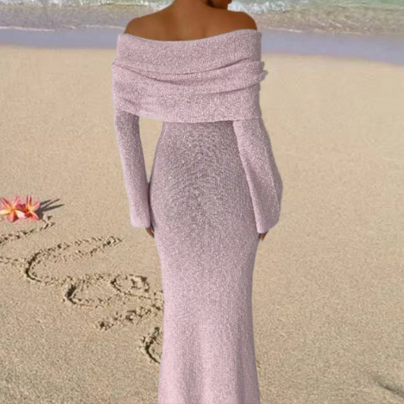Damen Off-Shoulder Strickkleid mit langen Ärmeln und eleganter Silhouette EB