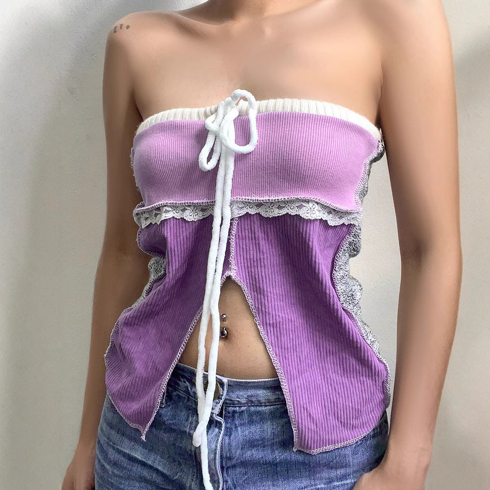 Damen Offshoulder Top mit Spitzenakzenten und Tasche EB