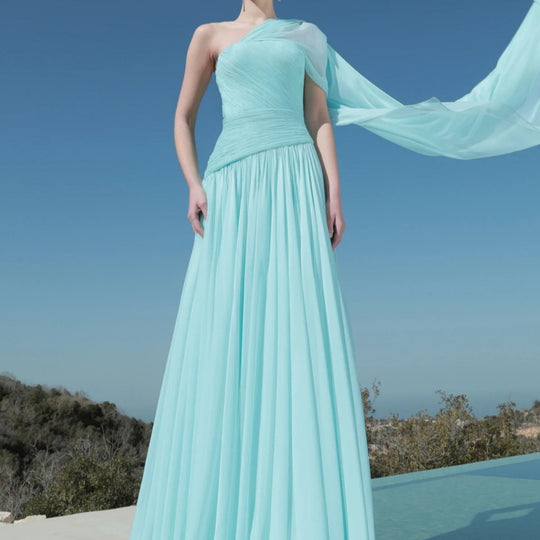 Damen Maxi-Kleid mit asymmetrischem Ausschnitt und fließendem Stoff EB