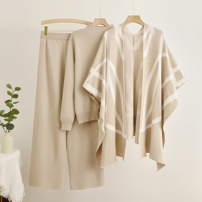 Damen trendiges Strick-Loungewear-Set mit grafischem Poncho-Design EB