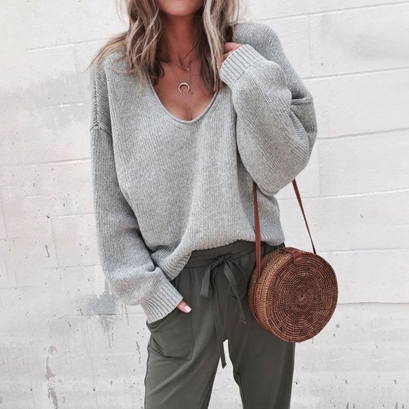 Damen lässiger V-Pullover mit weitem Schnitt und feiner Strickstruktur EB