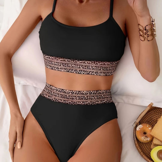 Damen Bikini-Top mit hoch geschnittenem Unterteil und Leopardendruck EB
