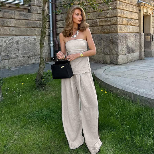 Damen Elegantes Zweiteiliges Set aus Leinen EB