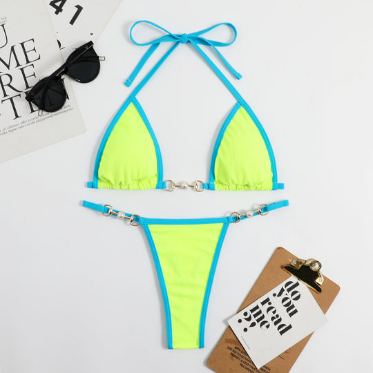 Damen Triangel-Bikini mit modischem Rippdesign und dekorativen Elementen EB