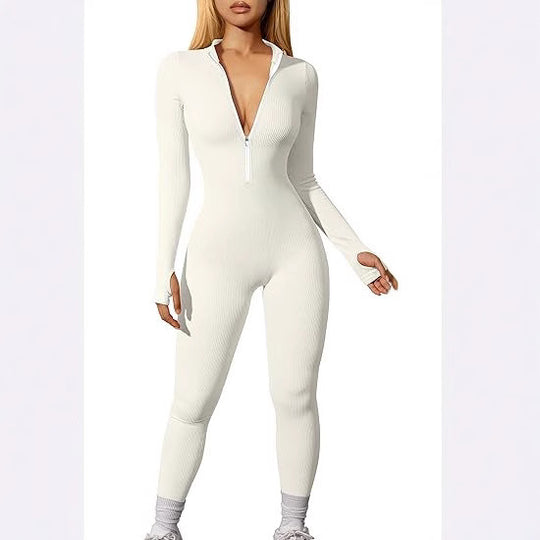 Damen nan figurbetonter Ripp-Jumpsuit mit hohem Halsausschnitt, langem Arm und sculptender Nahtführung EB