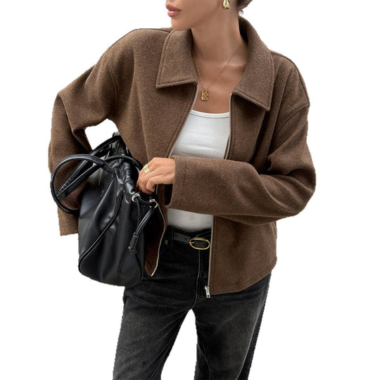 Damen nan kaschmirähnliche Wolljacke mit durchgehendem Reißverschluss, oversized Schnitt und Hemdkragen EB
